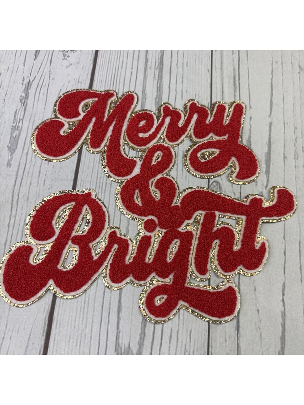 Chenille Iron-On Patch - 11 inch - Merry & Bright - red Christmas holiday spirit